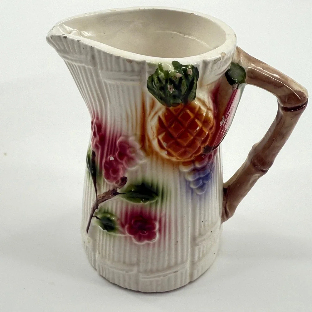 Vintage Ceramic Pitcher Creamer Japan Bamboo Fruit Floral Tropical‎ Retro Decor